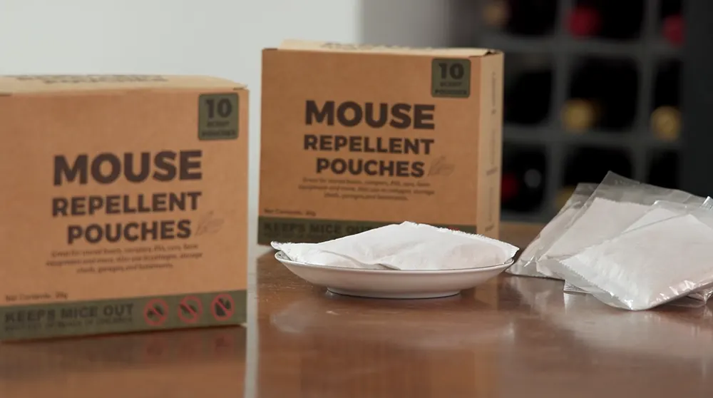 PestVault mouse repellent pouches box with 10 scent pouches on a kitchen counter