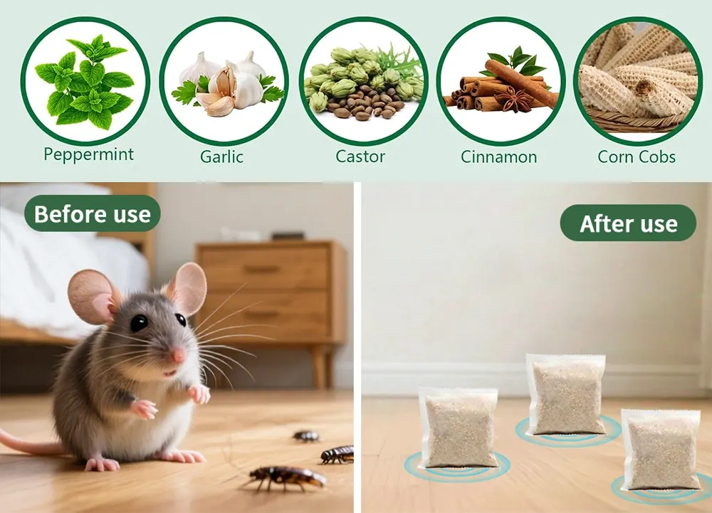 PestVault natural ingredients peppermint garlic castor cinnamon and corn cobs, with before and after use comparison